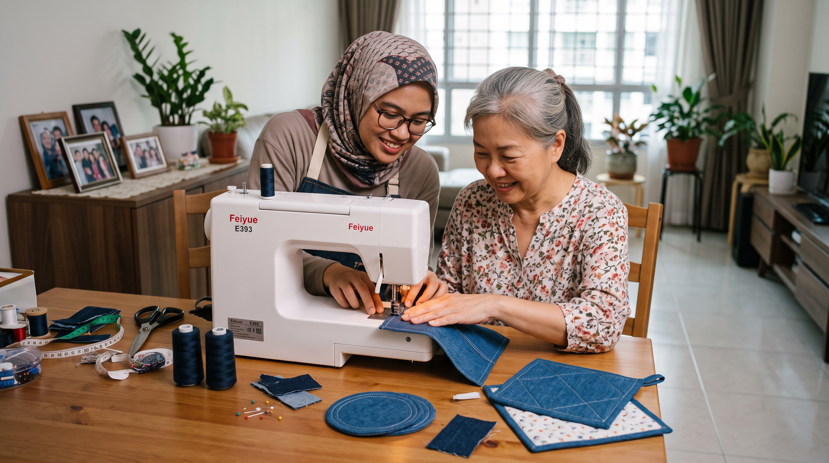 An elderly woman sits at a wooden table sewing with a white FEIYUE sewing machine, guided by a younger woman wearing a patterned hijab. Blue quilted fabric pieces are laid out on the table in a bright, modern home setting.
