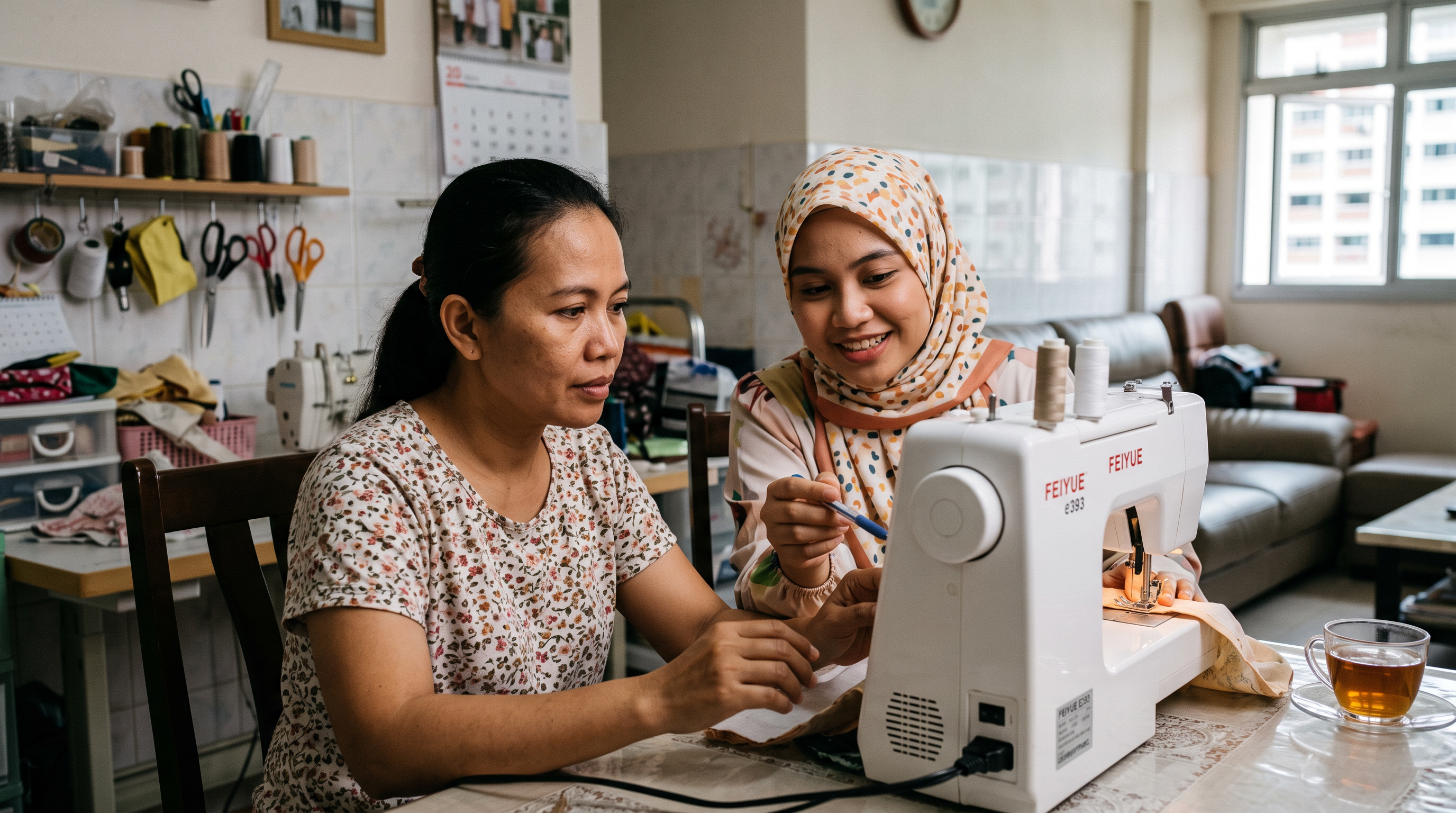 Two women collaborating at a table with a white FEIYUE sewing machine in a home sewing workshop. One woman wears a floral print top, and the other wears a beige patterned hijab.