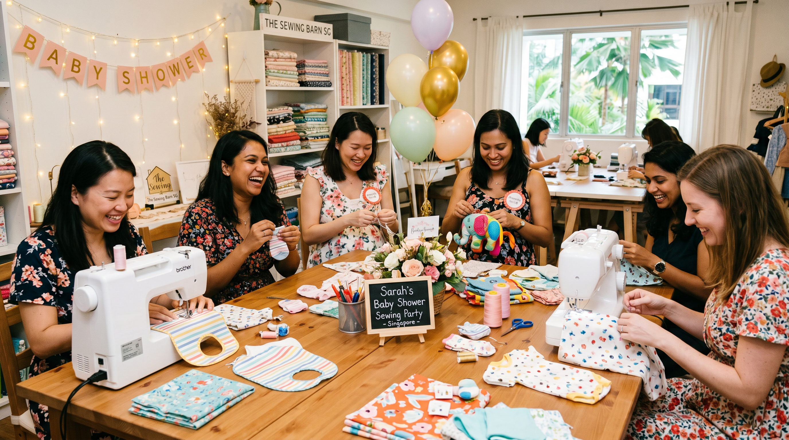 Close-up of friends sewing custom baby items together during a private baby shower creative workshop