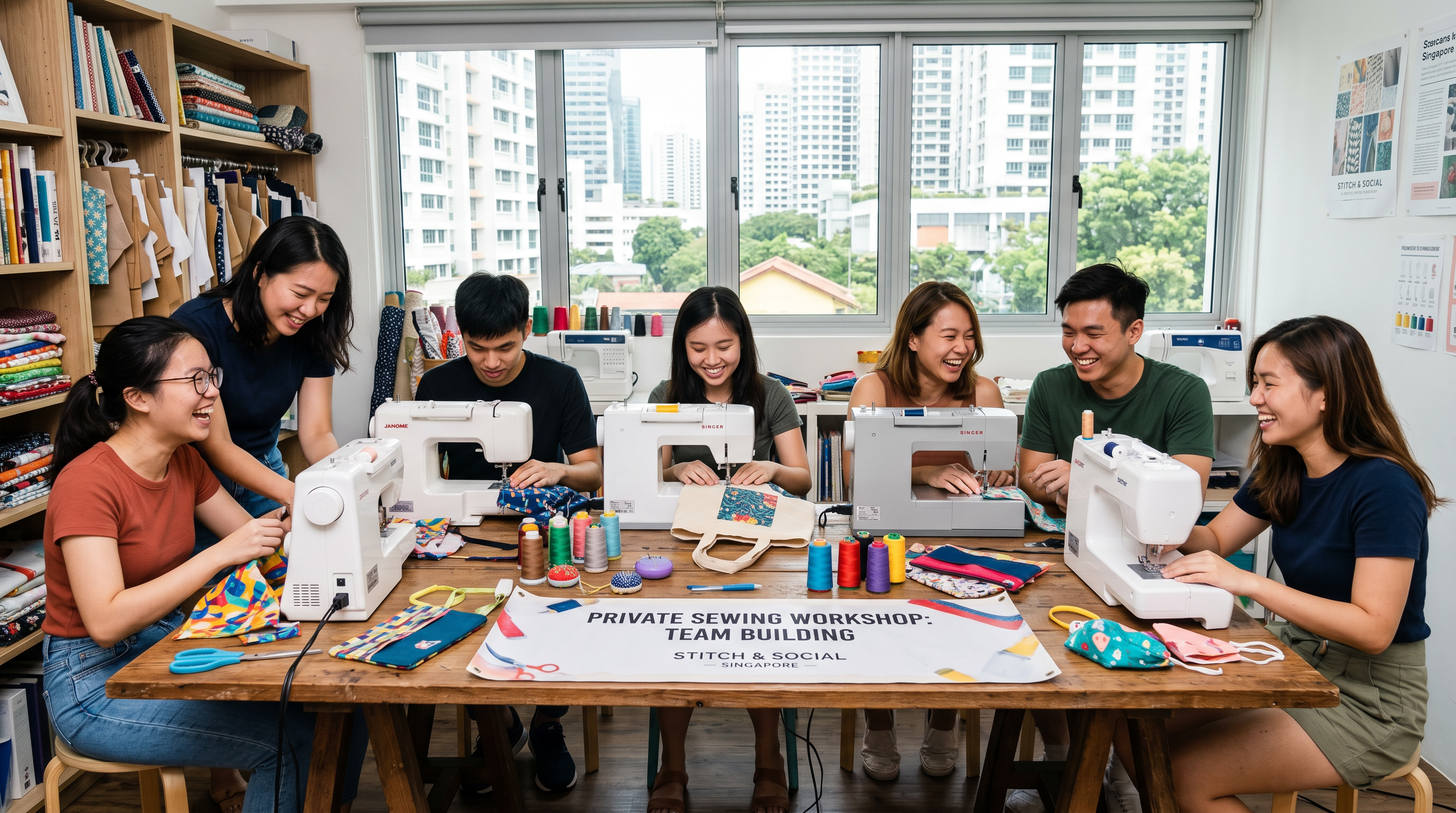 A diverse group of professionals learning to operate sewing machines together during an interactive company bonding session.