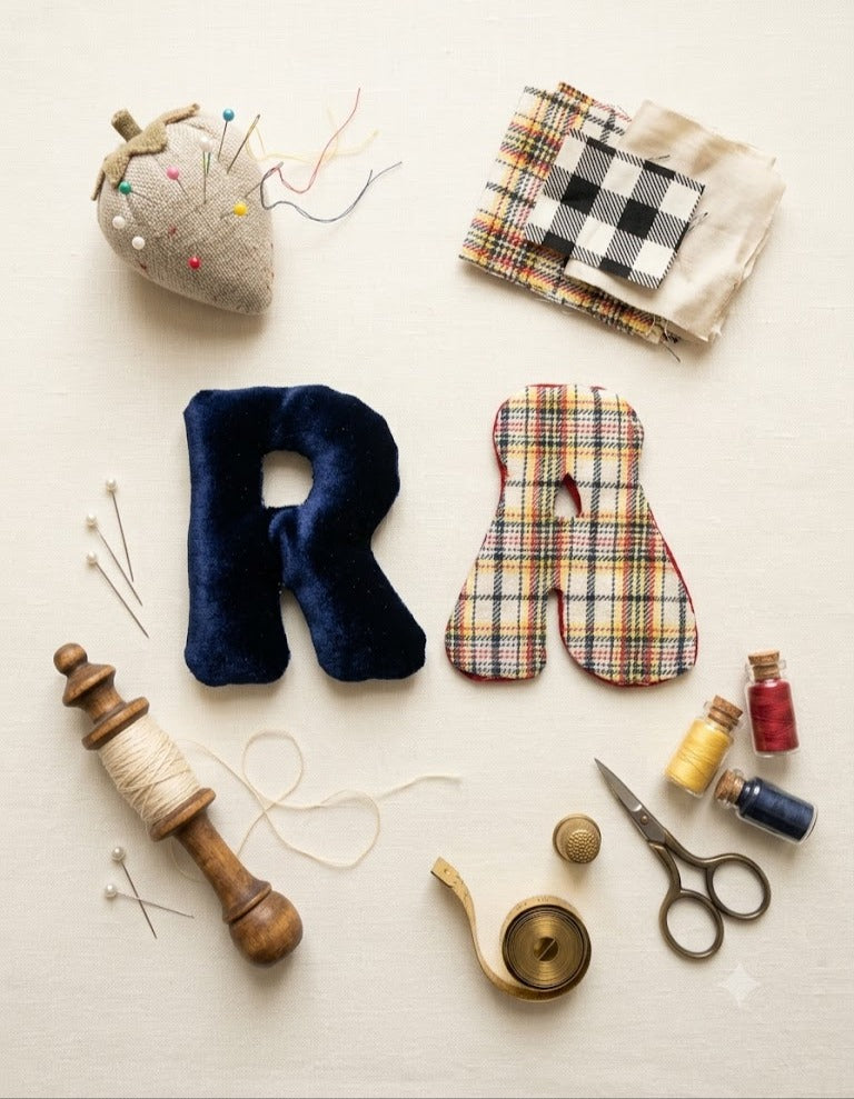 Flat lay of a DIY alphabet cushion sewing kit featuring handmade plush letter &