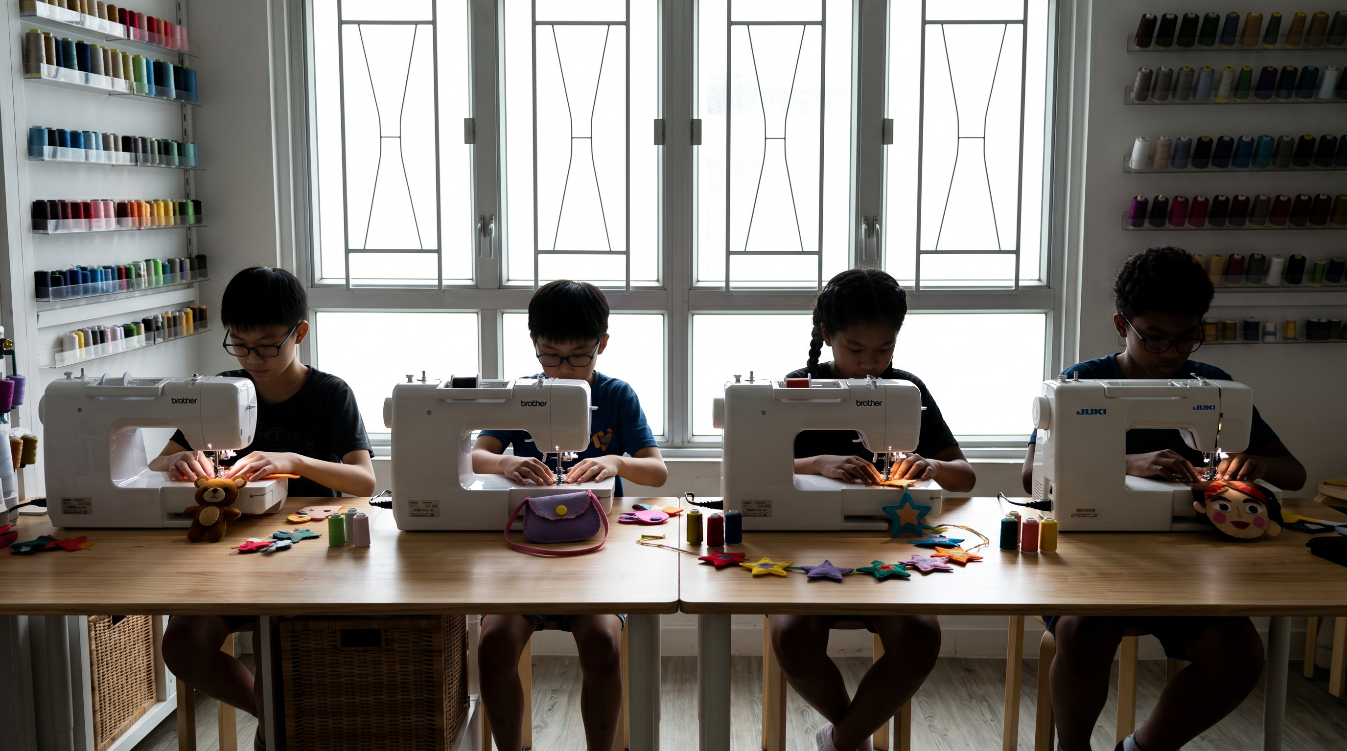 Group of children and adults at Envy Junior Stitch & Sketch sewing workshop