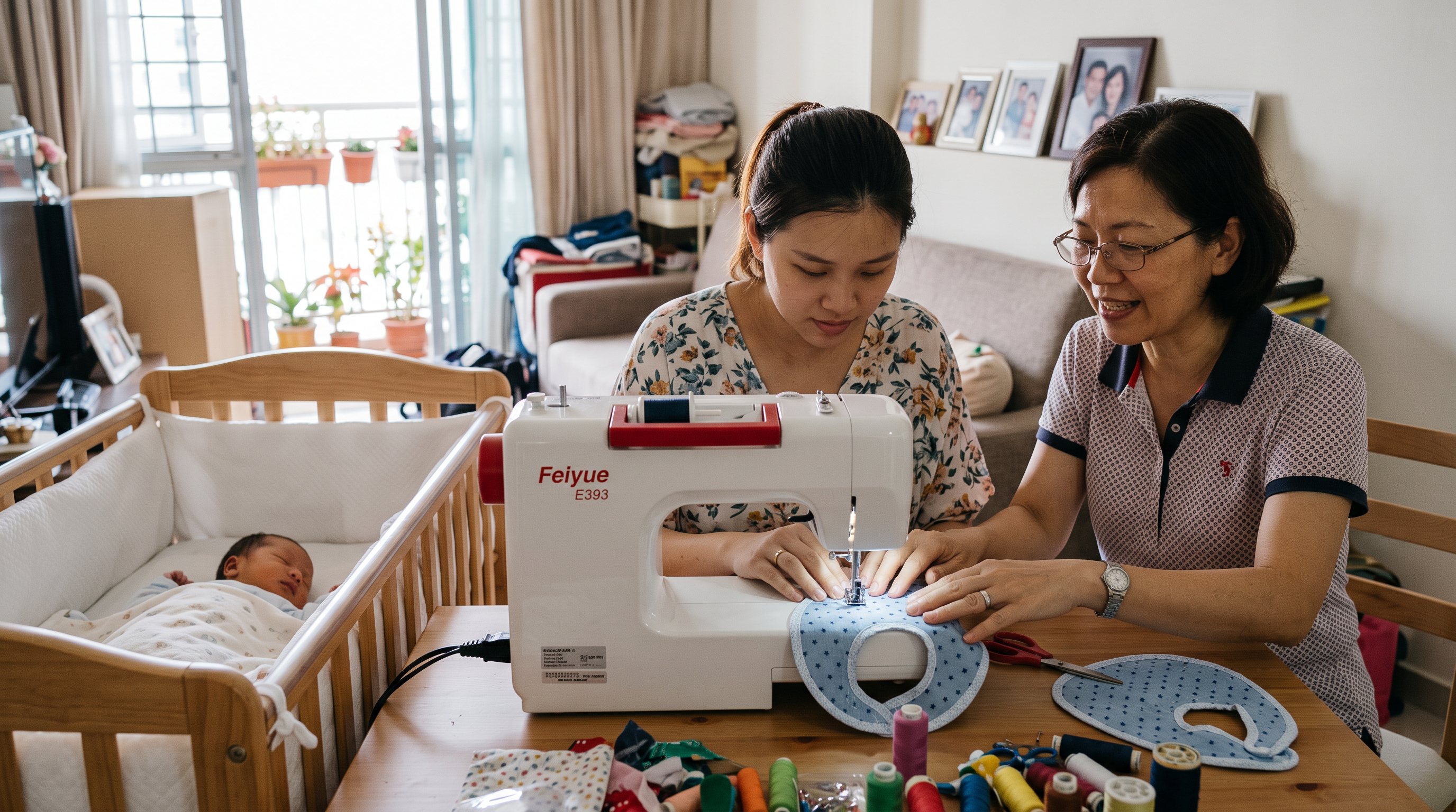 A woman operates a white FEIYUE sewing machine at a table, guiding another woman who is holding a blue patterned fabric piece. A baby is sleeping in a wooden crib to the left, and the room has a warm, lived-in feel with framed photos on the wall.