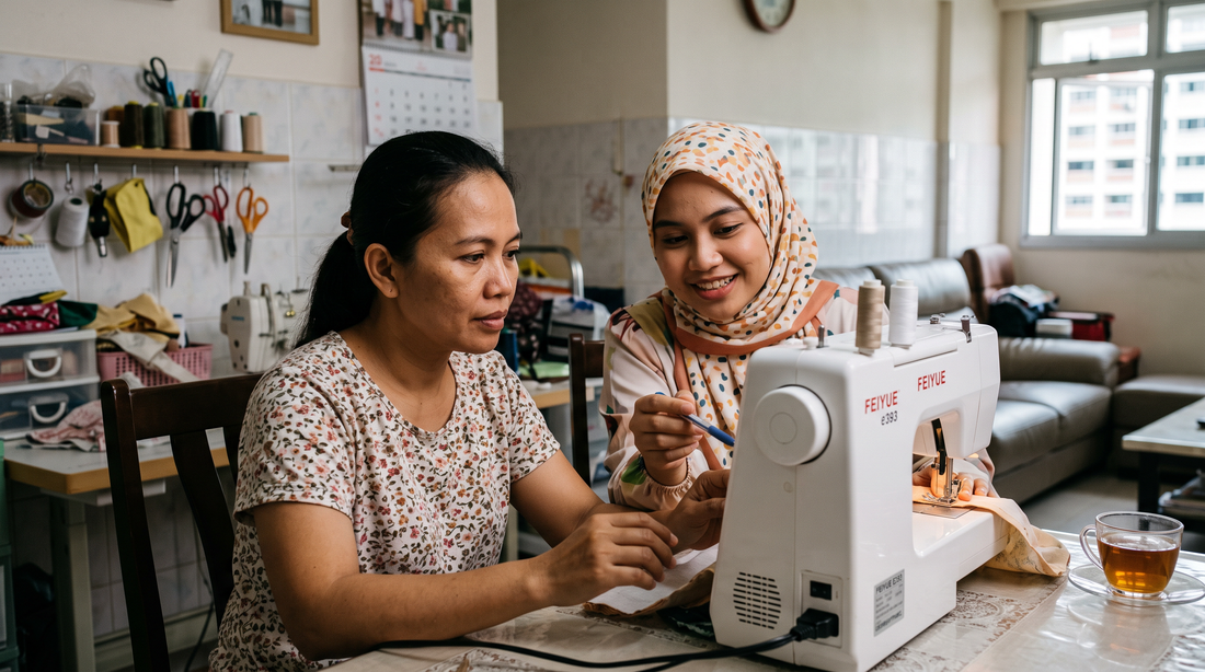 Two women collaborating at a table with a white FEIYUE sewing machine in a home sewing workshop. One woman wears a floral print top, and the other wears a beige patterned hijab.
