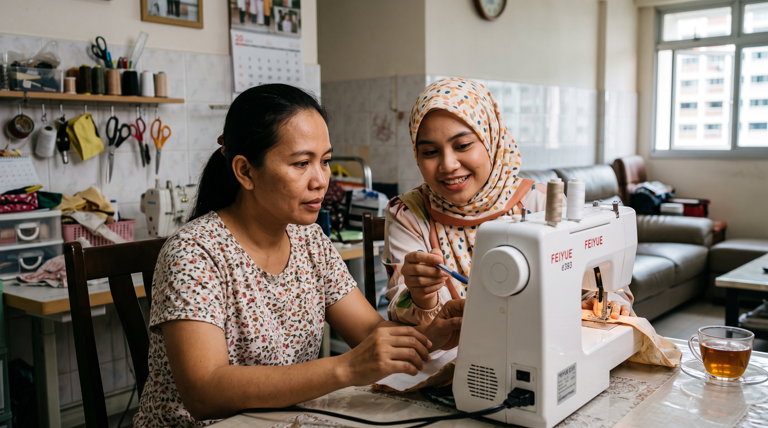 Two women collaborating at a table with a white FEIYUE sewing machine in a home sewing workshop. One woman wears a floral print top, and the other wears a beige patterned hijab.