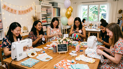 Close-up of friends sewing custom baby items together during a private baby shower creative workshop