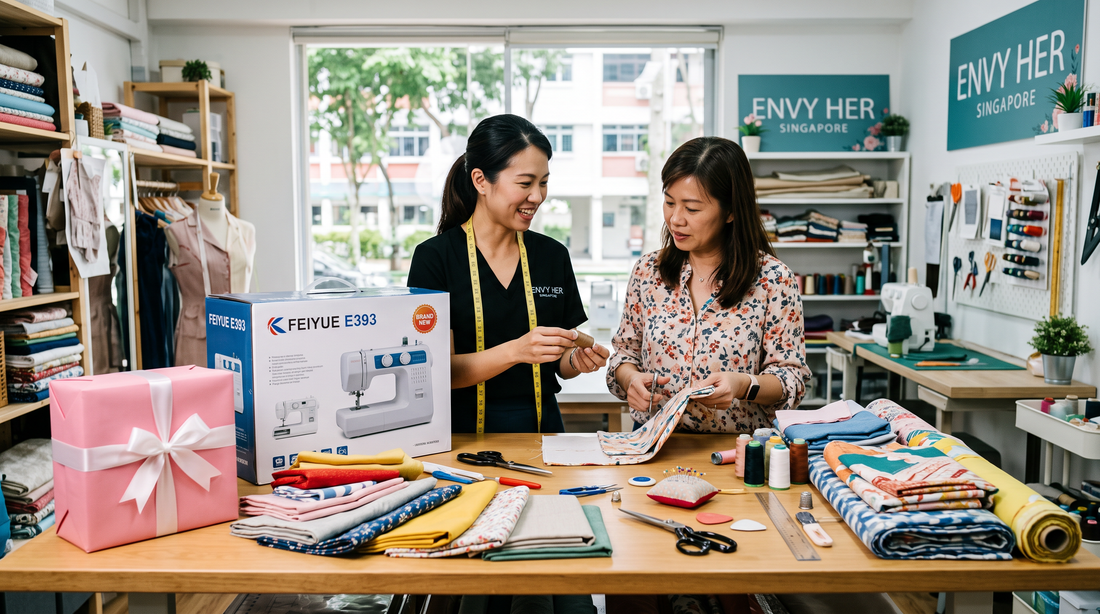 Two women in a bright sewing workshop or boutique stand behind a wooden table filled with sewing supplies, fabrics, and a boxed Feiyue E393 sewing machine. One woman holds a pattern, and the other smiles beside a pink gift box wrapped in white ribbon.