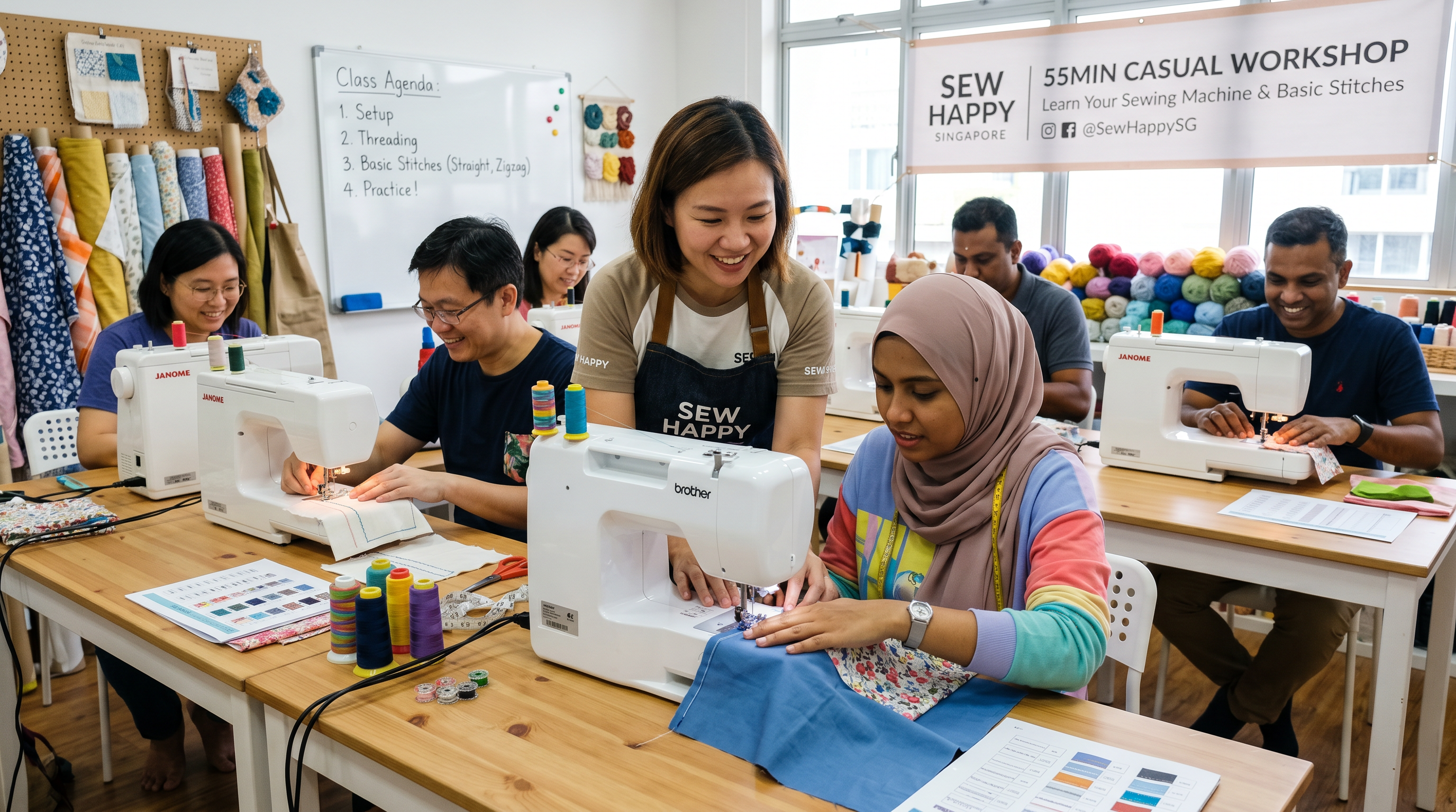Professional sewing instructor teaching a student how to thread and set up a sewing machine in a creative craft studio.