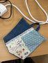 Handmade patchwork coaster featuring upcycled denim, floral fabric, blue geometric patterns, and white lace trim, created in a 2-hour sewing workshop