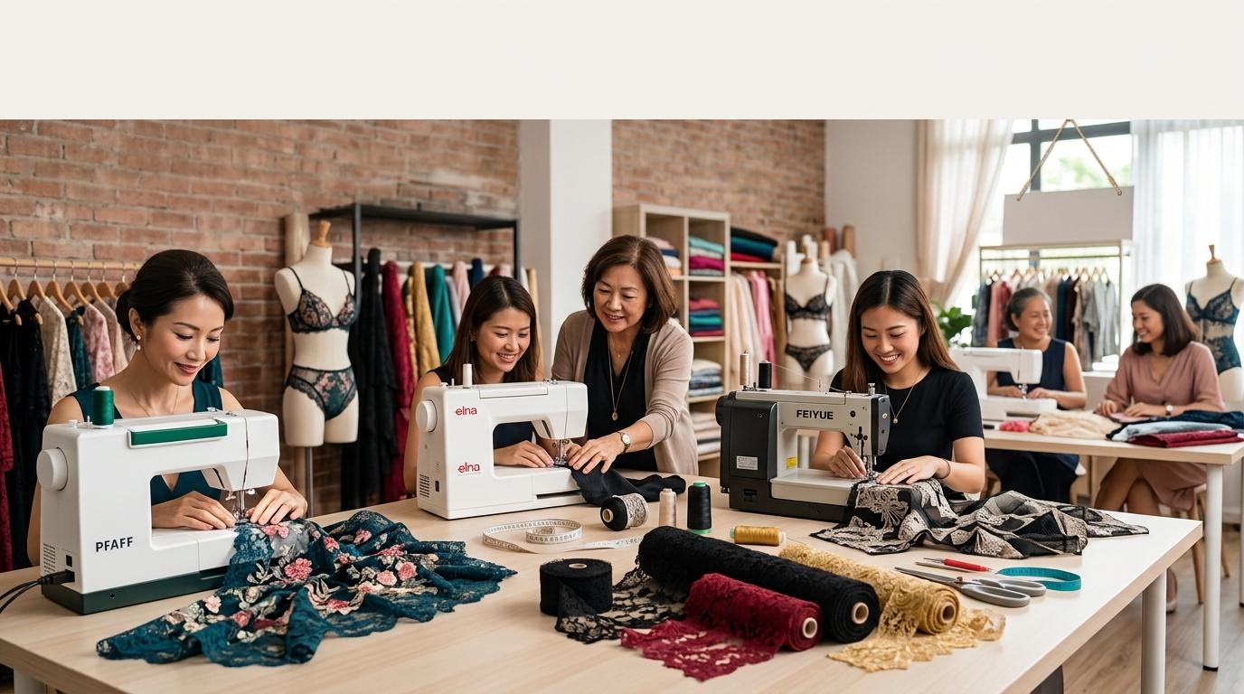 An instructor guiding students as they sew premium lace garments and lingerie on professional sewing machines in a bright studio