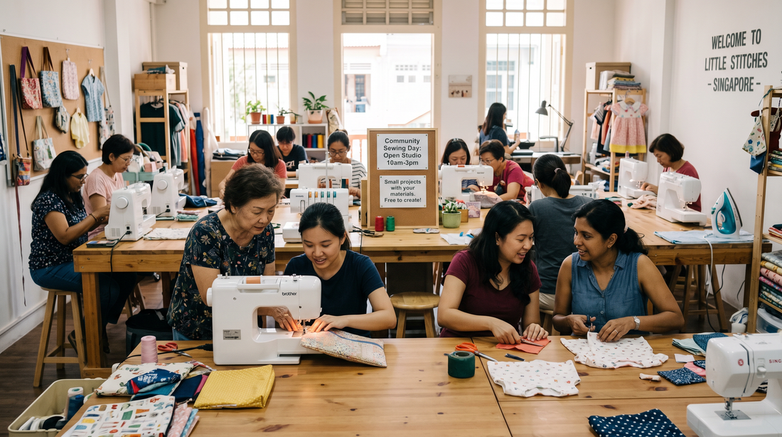 A diverse group of makers focused on their individual sewing machines during an intensive full-day craft workshop