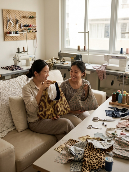 Makers showing off completed fabric shoulder bags at a craft table filled with textile remnants, shears, and sewing machines in a bright studio