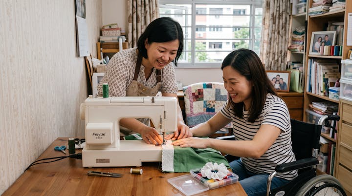 Two women smiling and working together at a wooden table in a home sewing room. One woman is operating a white FEIYUE sewing machine while the other, seated in a wheelchair, assists with fabric.