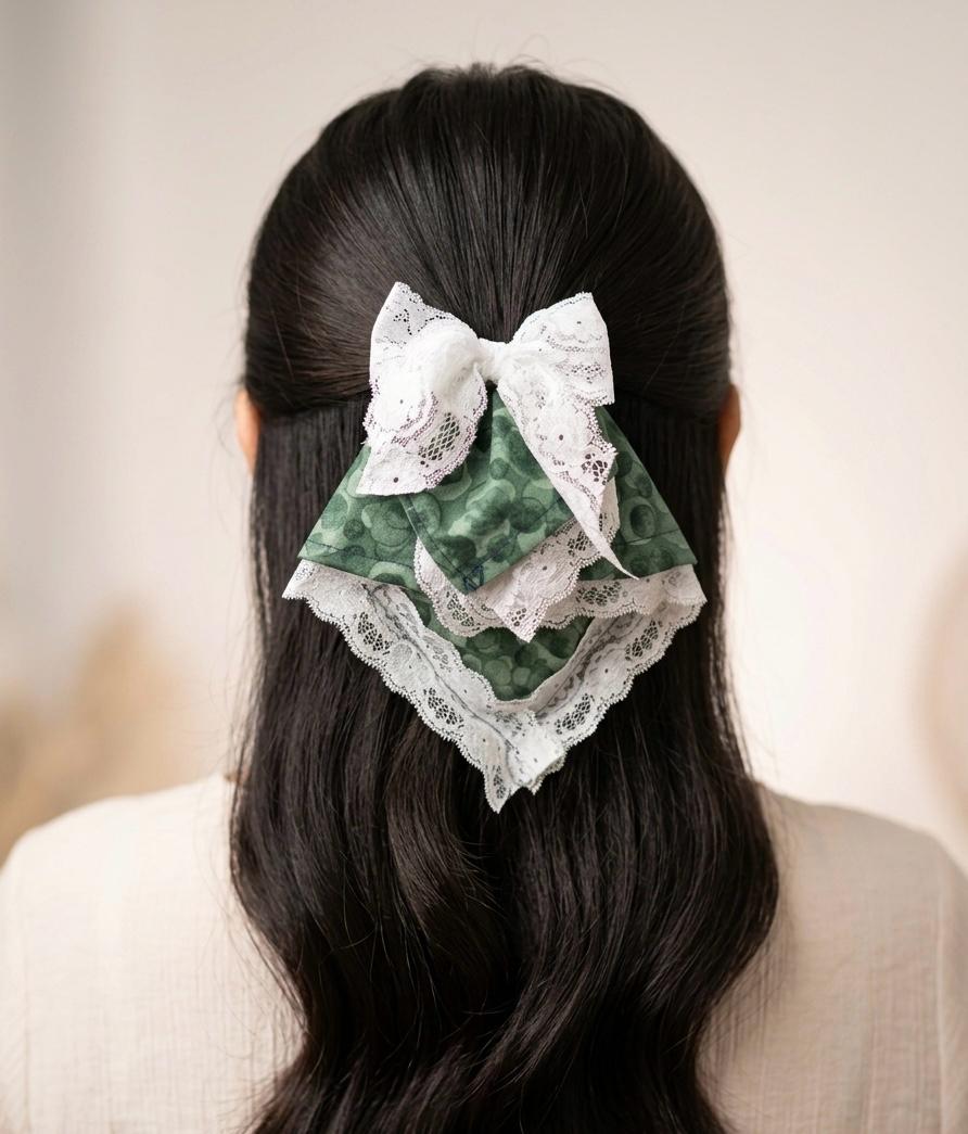 A handmade green patterned fabric hair clip accessory featuring a white lace bow and layered lace trim, worn in a half-up hairstyle