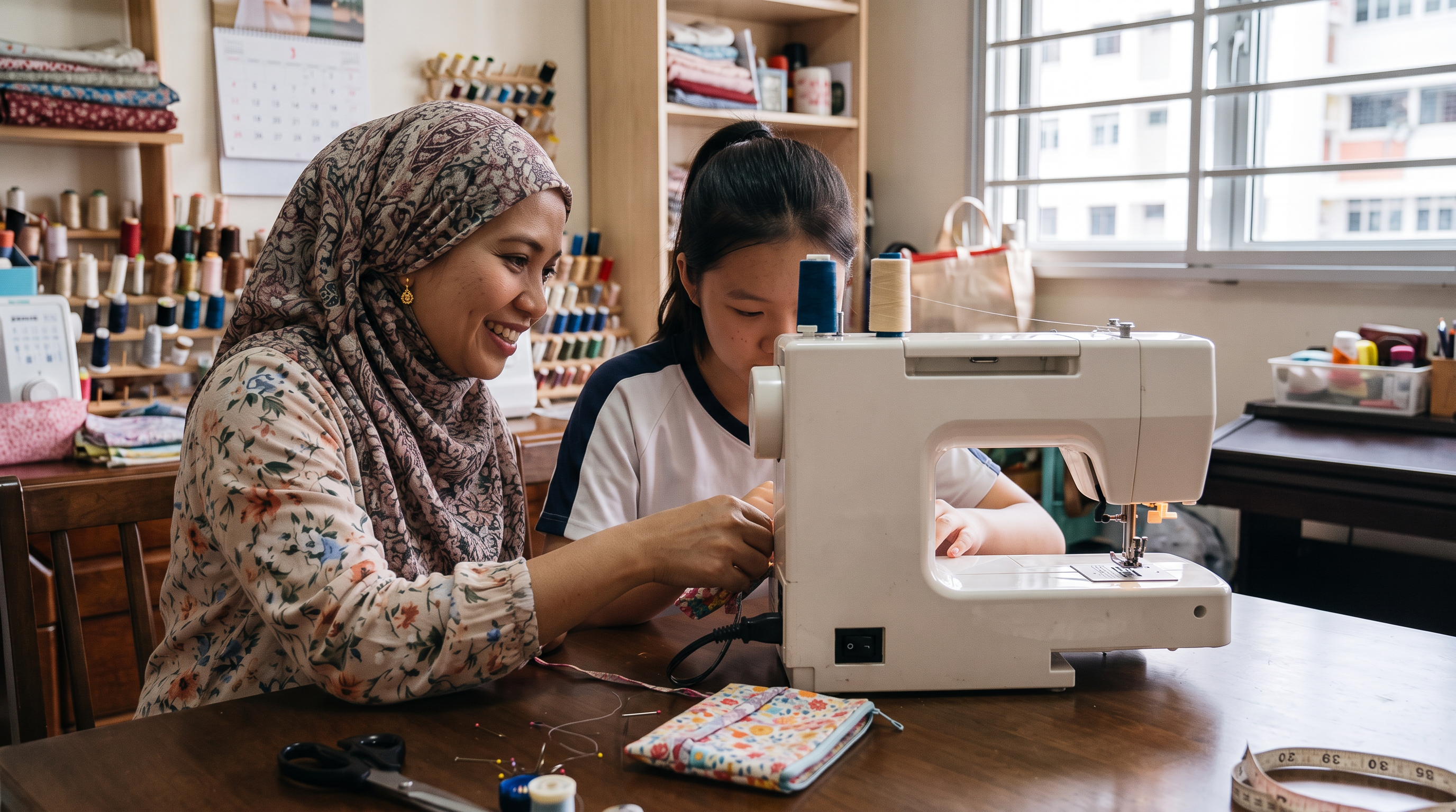 Teenage girl guided by an Envy Her instructor while using a white sewing machine at home